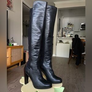 Stuart Weitzman - low jack black dress leather heel knee - high boots - size 7